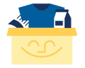 icon in POC brand colors yellow, gold and blue of a smiling box with basic needs slipping out of the top such as shirt and milk carton